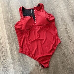 NEW! Torrid | Wireless Henley High Neck One Piece Swimsuit in Paprika Red Ribbed